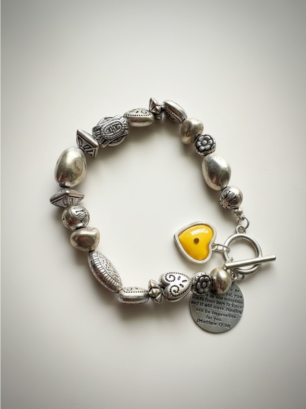 Boho Silver Bead Bracelet w/ Yellow Heart Charm Toggle Clasp